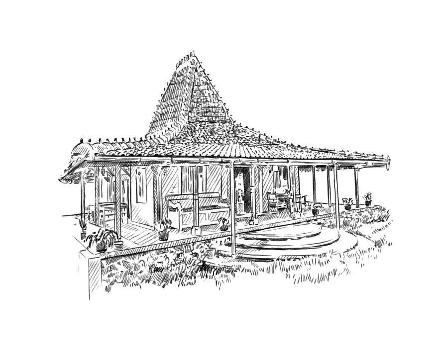 Traditional Javanese house with steep tiled roof, wooden walls, raised on stilts with steps leading to entrance