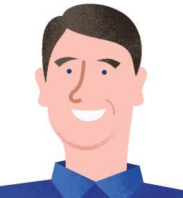 Illustration of James Nevius, a writer with dark hair wearing a blue shirt.