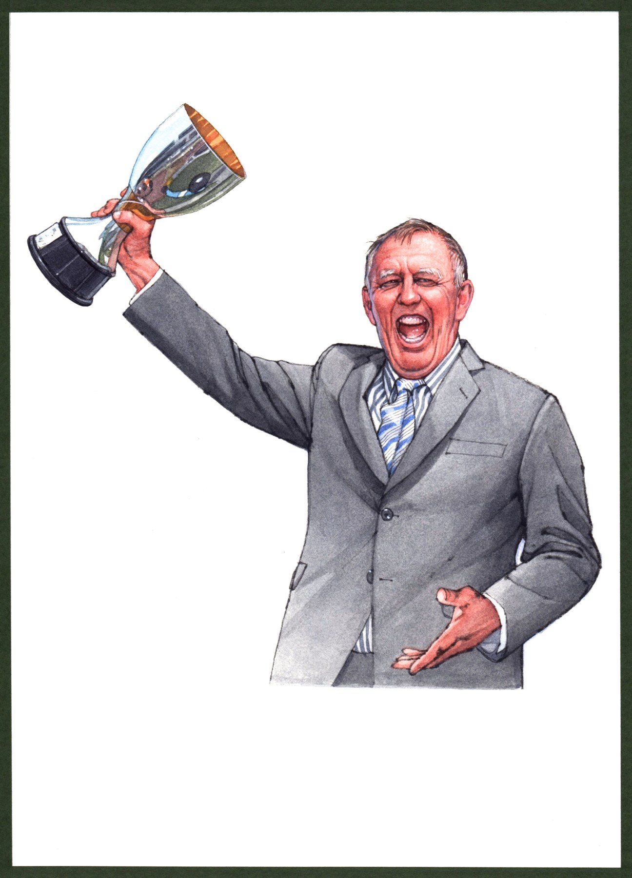Illustration of John Singleton holding up a trophy cup, wearing a grey suit and blue striped shirt.