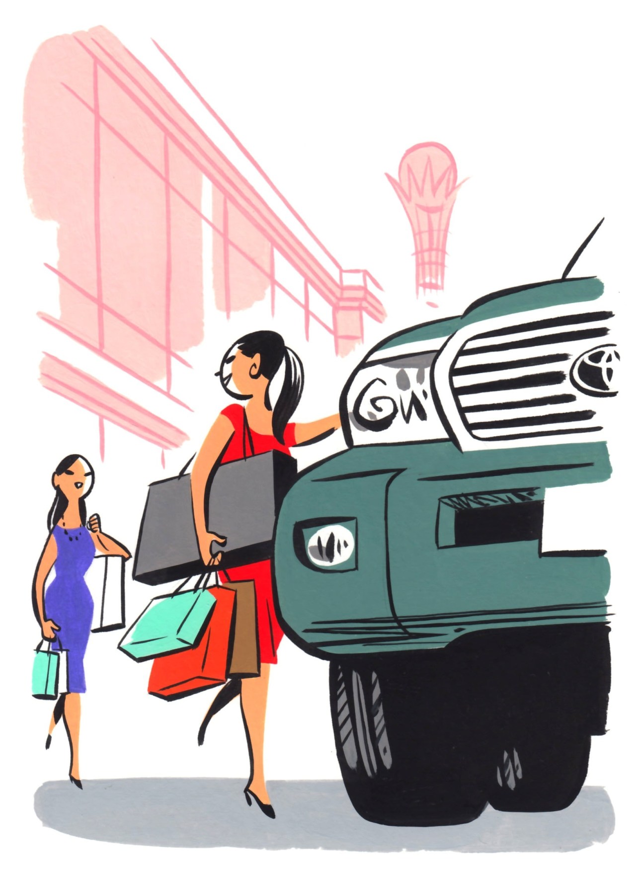 Illustration of women shopping with bags next to a car and building silhouette.