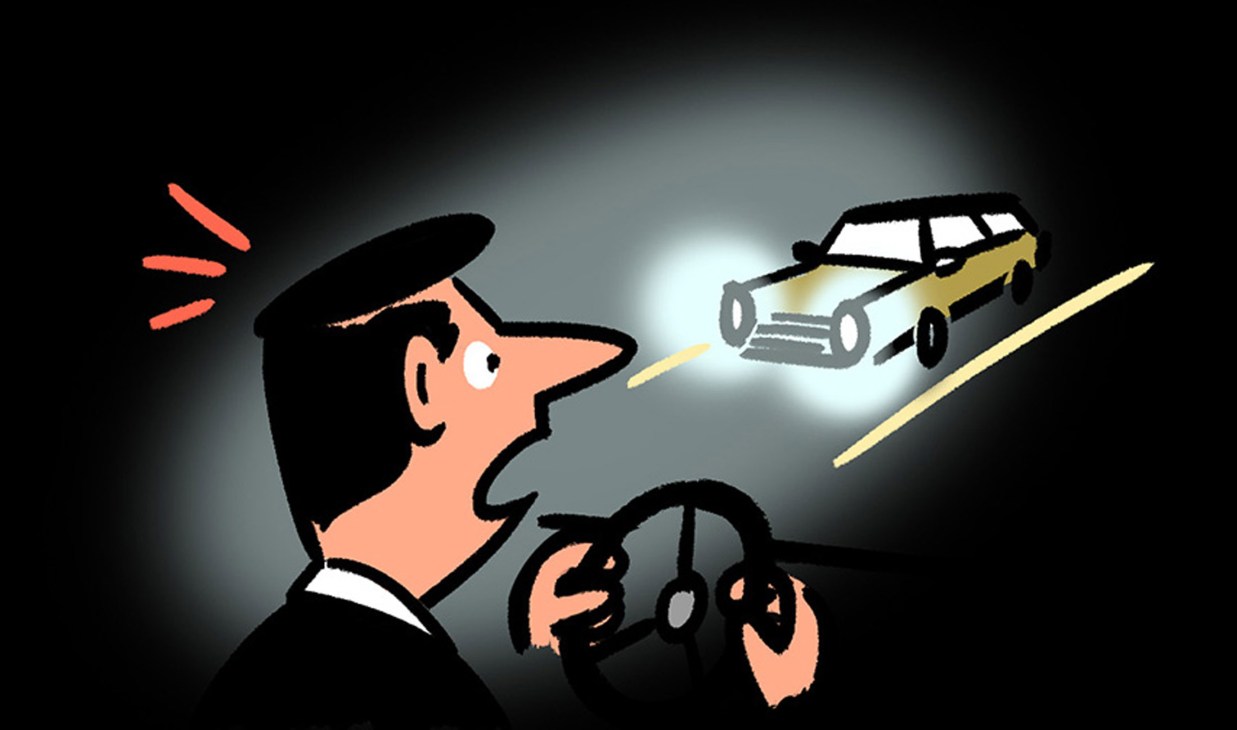 Illustration showing bright car headlights dazzling an oncoming driver