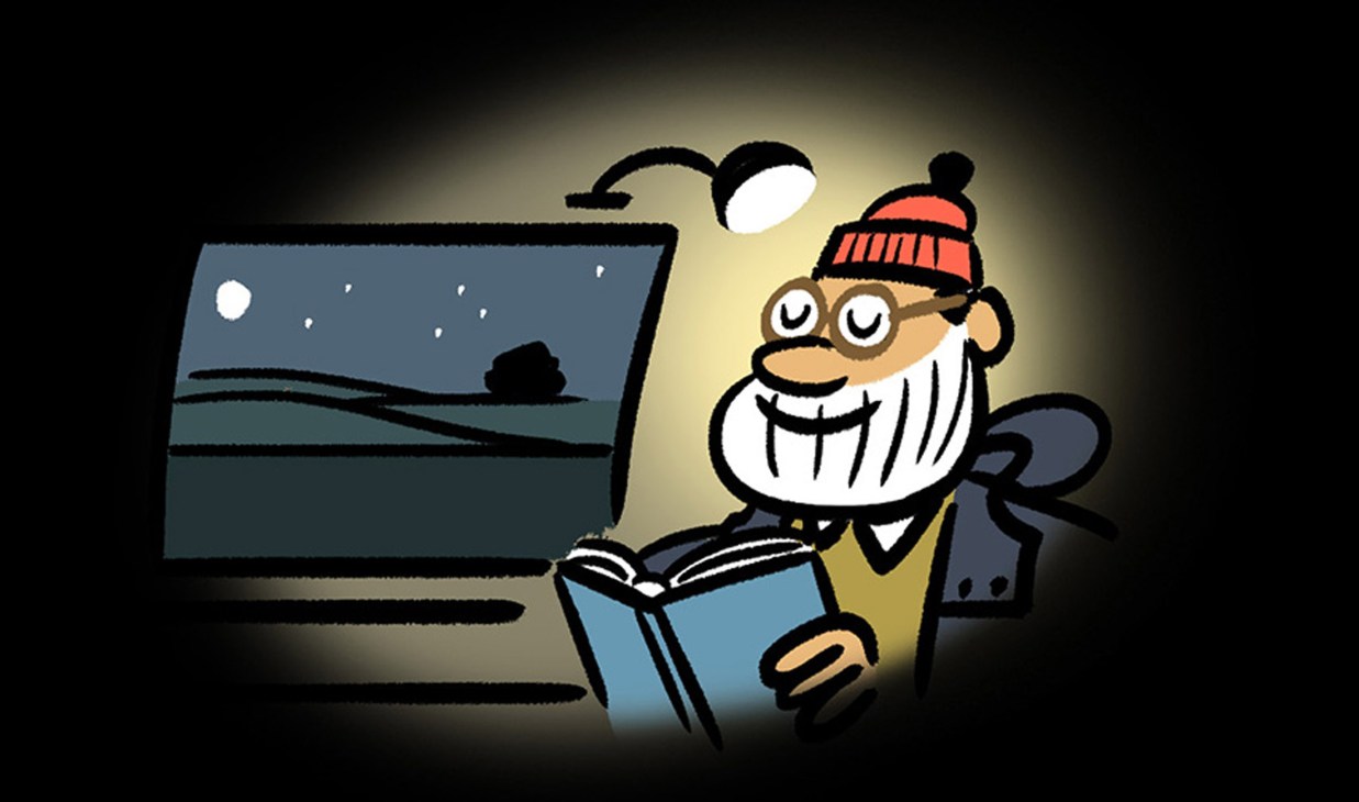 Illustration of a person wearing sunglasses reading under harsh overhead cabin lighting on a train.