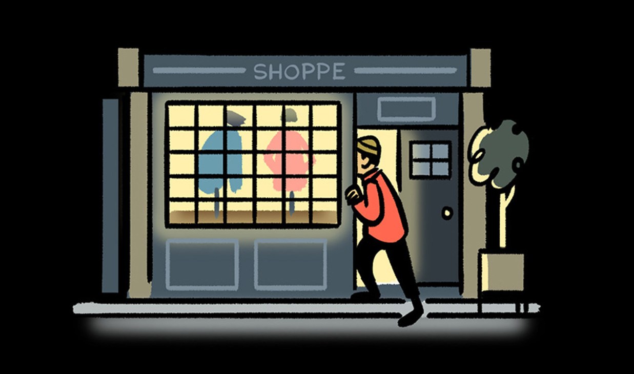Illustration of a retail store interior with warm ambient lighting and a customer inside