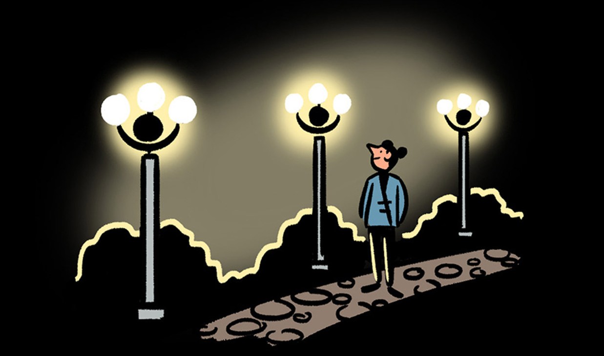 Illustration of a person standing on a path lit by elegant street lamps at night