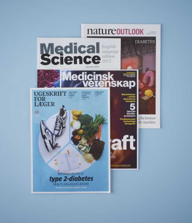 Four medical journal covers displayed overlapping on a light blue background, including Nature Outlook, Medical Science, Medicinsk Vetenskap, and Ugeskrift for Læger.