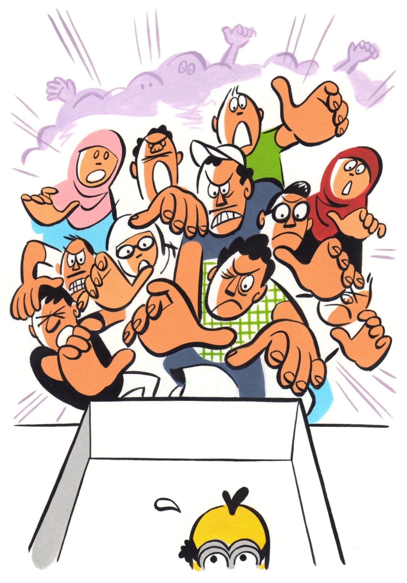 Cartoon illustration of a diverse group of animated people crowded together in a shopping box with excited expressions.