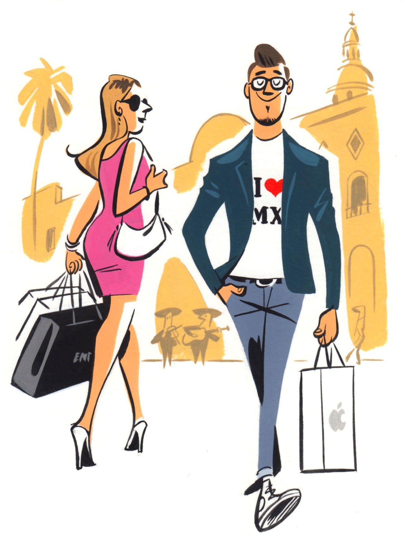 Illustration of two stylish shoppers with shopping bags in front of Mexican colonial architecture