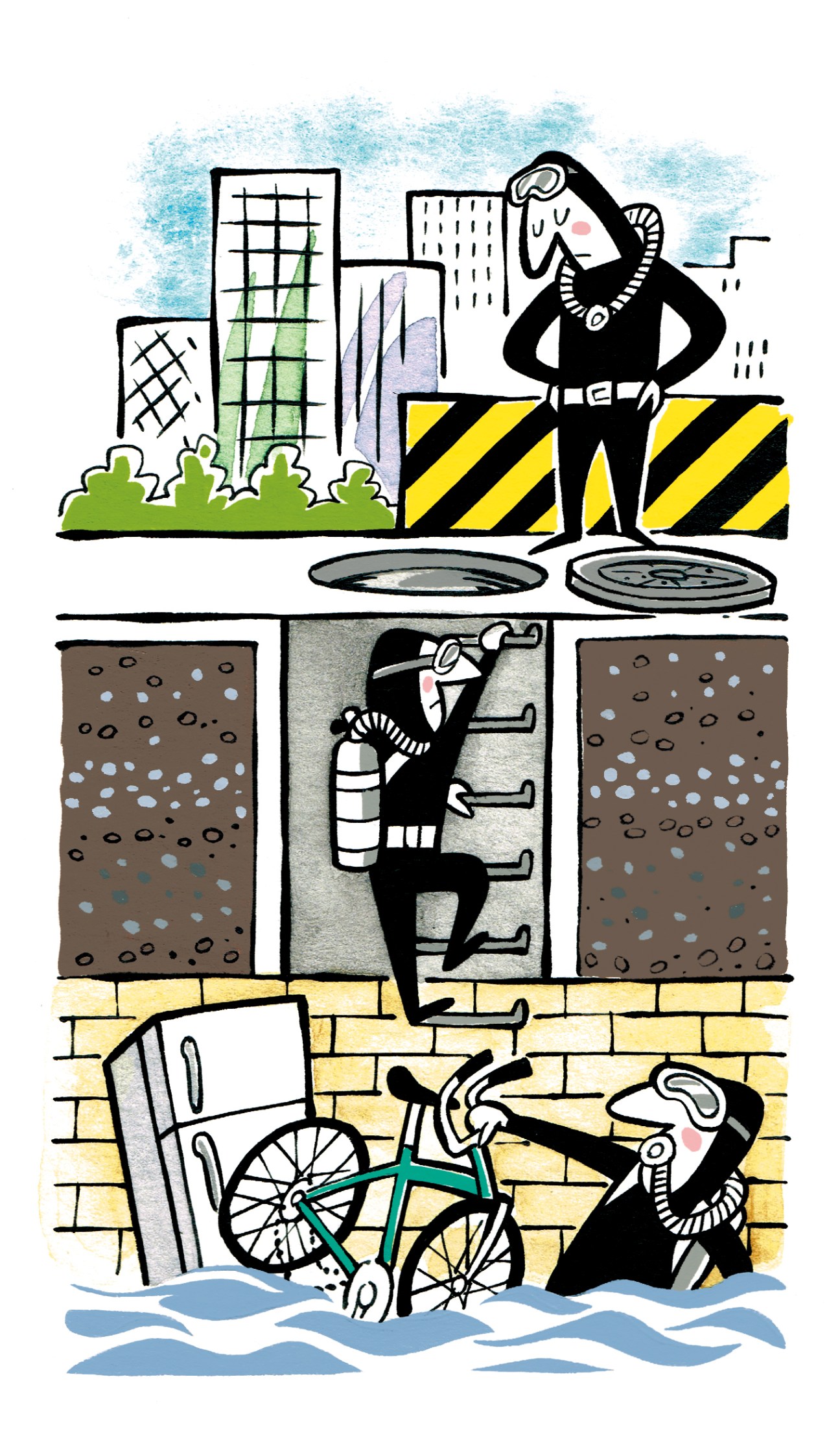 Illustration of a snake catcher in Hong Kong among buildings and sewers.