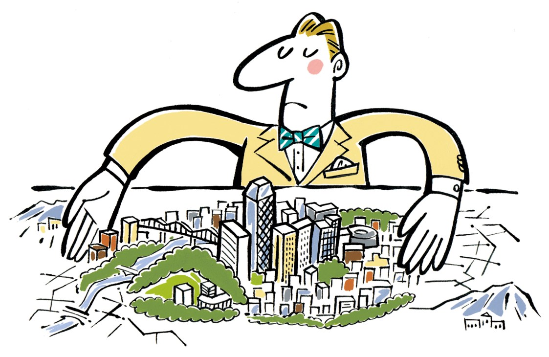 Illustration of a figure in a yellow jacket cradling a city skyline in their hands.