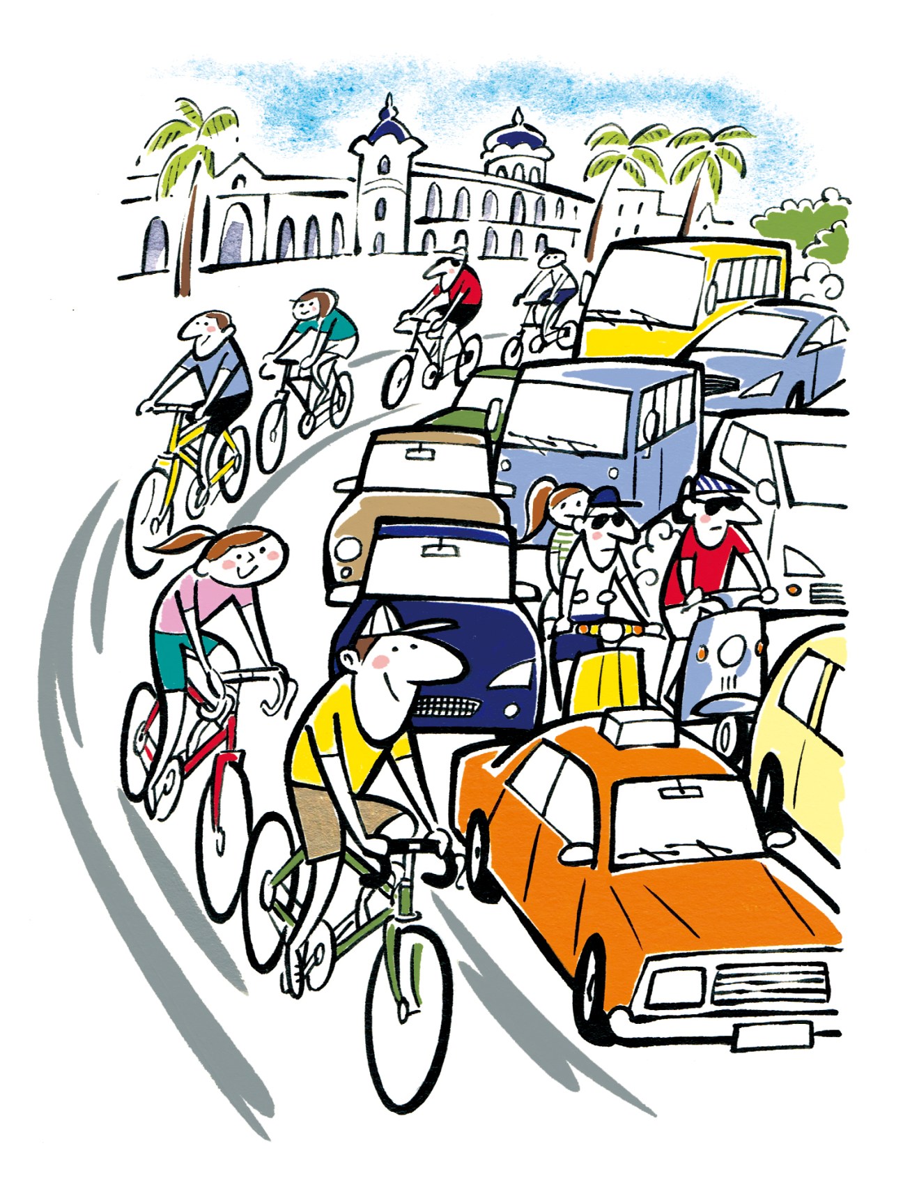 Illustration of cyclists navigating through heavy traffic congestion in an Asian city with colonial architecture.