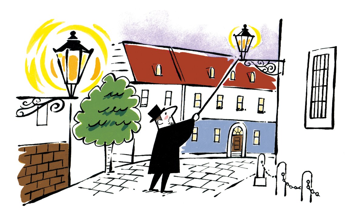 Illustration of a lamplighter in black cloak lighting gas street lamps on a historic European street with cathedral buildings.