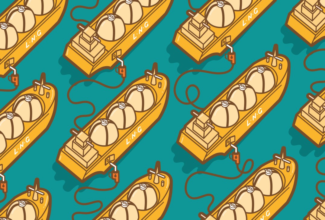 Illustrated pattern of LNG tanker ships and industrial facilities on turquoise background.