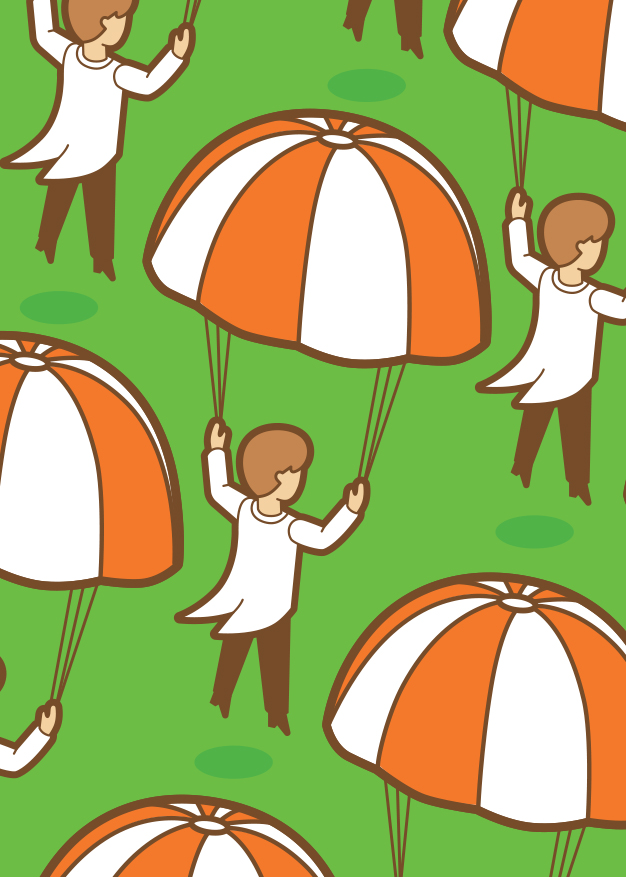 Illustration of people in white clothing holding orange and white parachutes against a green background.