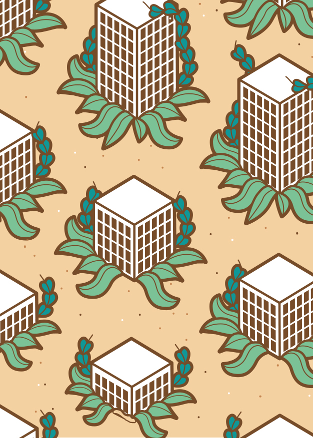 Illustration of white buildings surrounded by green foliage on a beige background.