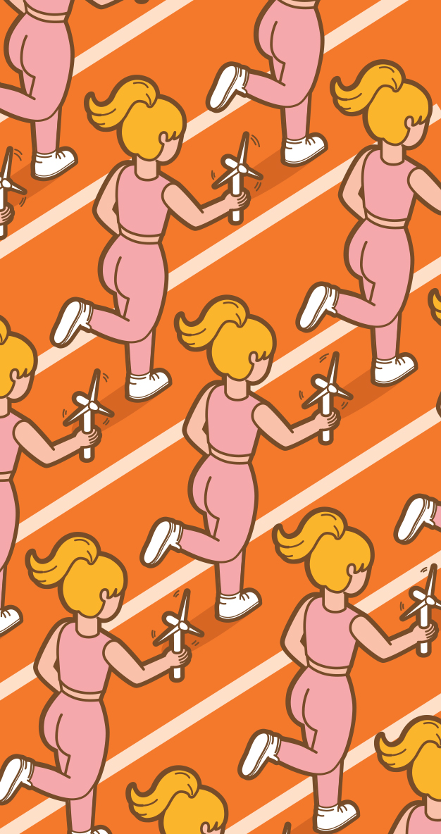Illustration of women jogging in pink athletic wear holding pinwheels on an orange diagonal striped background.