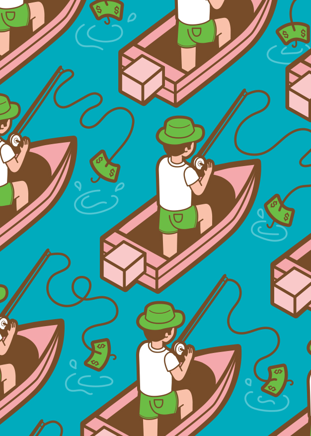 Illustration of people fishing in boats with money and fishing rods on a turquoise water background