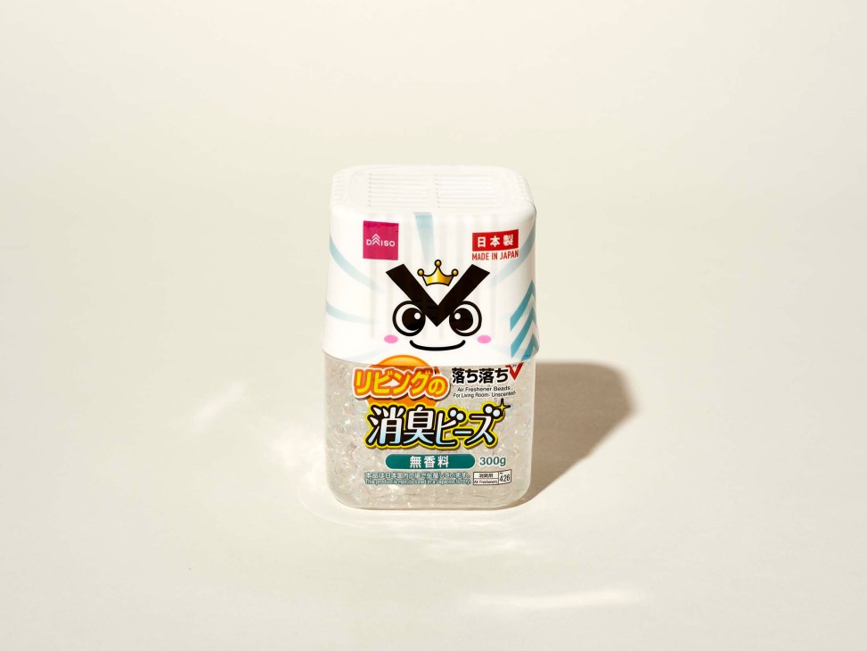 Daiso dehumidifying beads in a 300g plastic container with character mascot and Japanese text