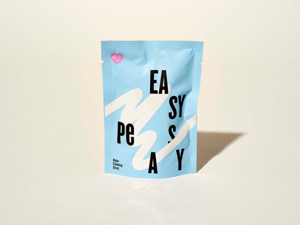 Easy Peasy Aqua Calming Stick facial moisturising stick in light blue packaging with pink heart logo.