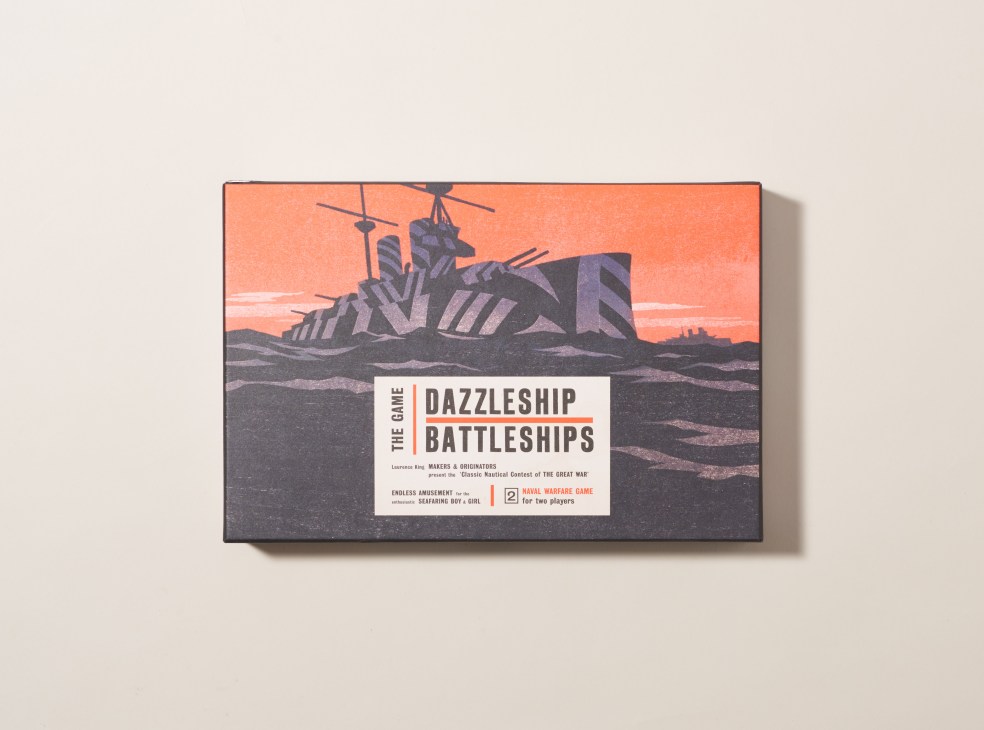 Dazzleship Battleships board game box with WWI naval camouflage pattern design by Pentagram