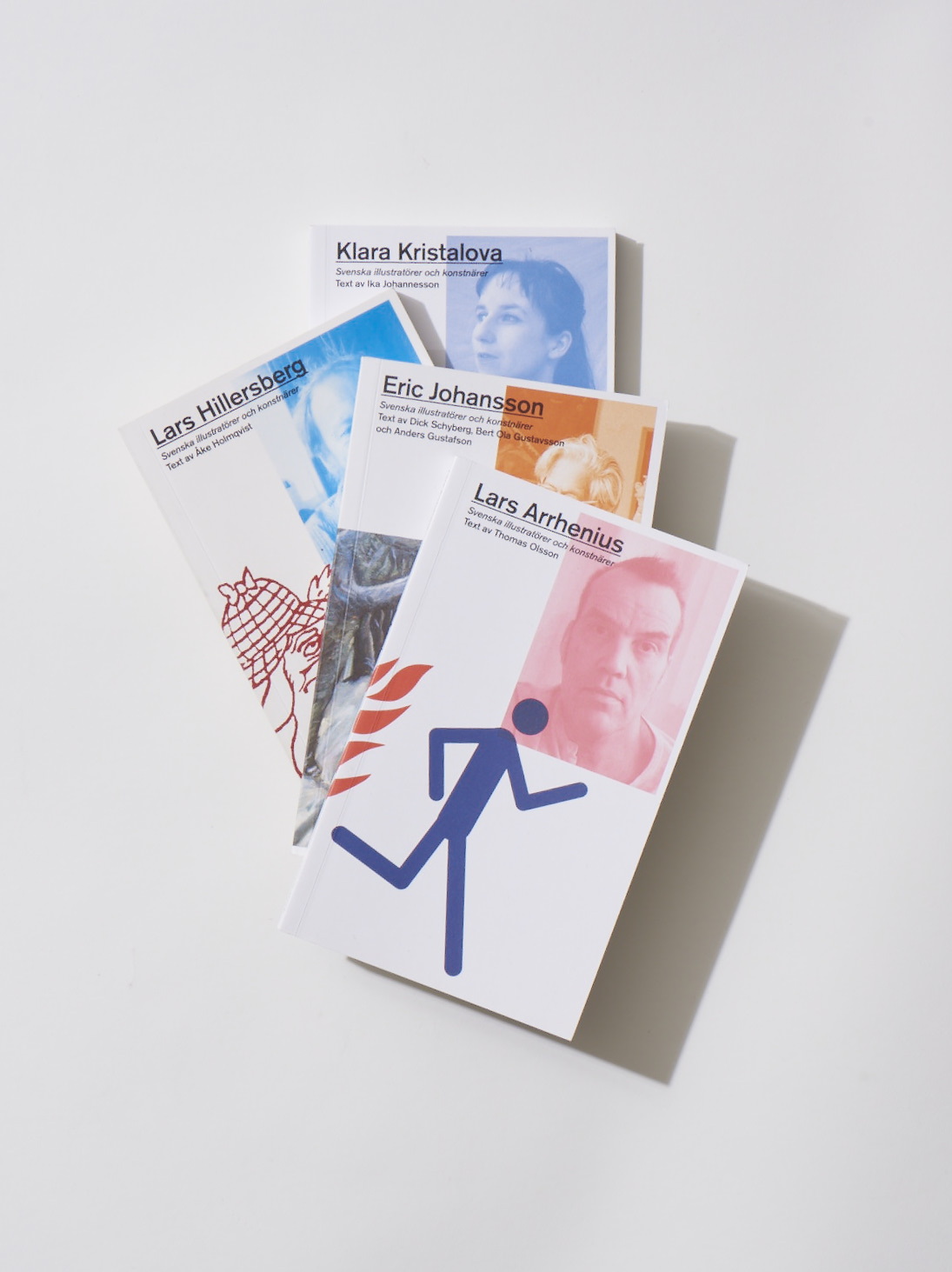 Four Swedish design books featuring colorful portrait illustrations and geometric graphics by Orosdi-Back illustrators.
