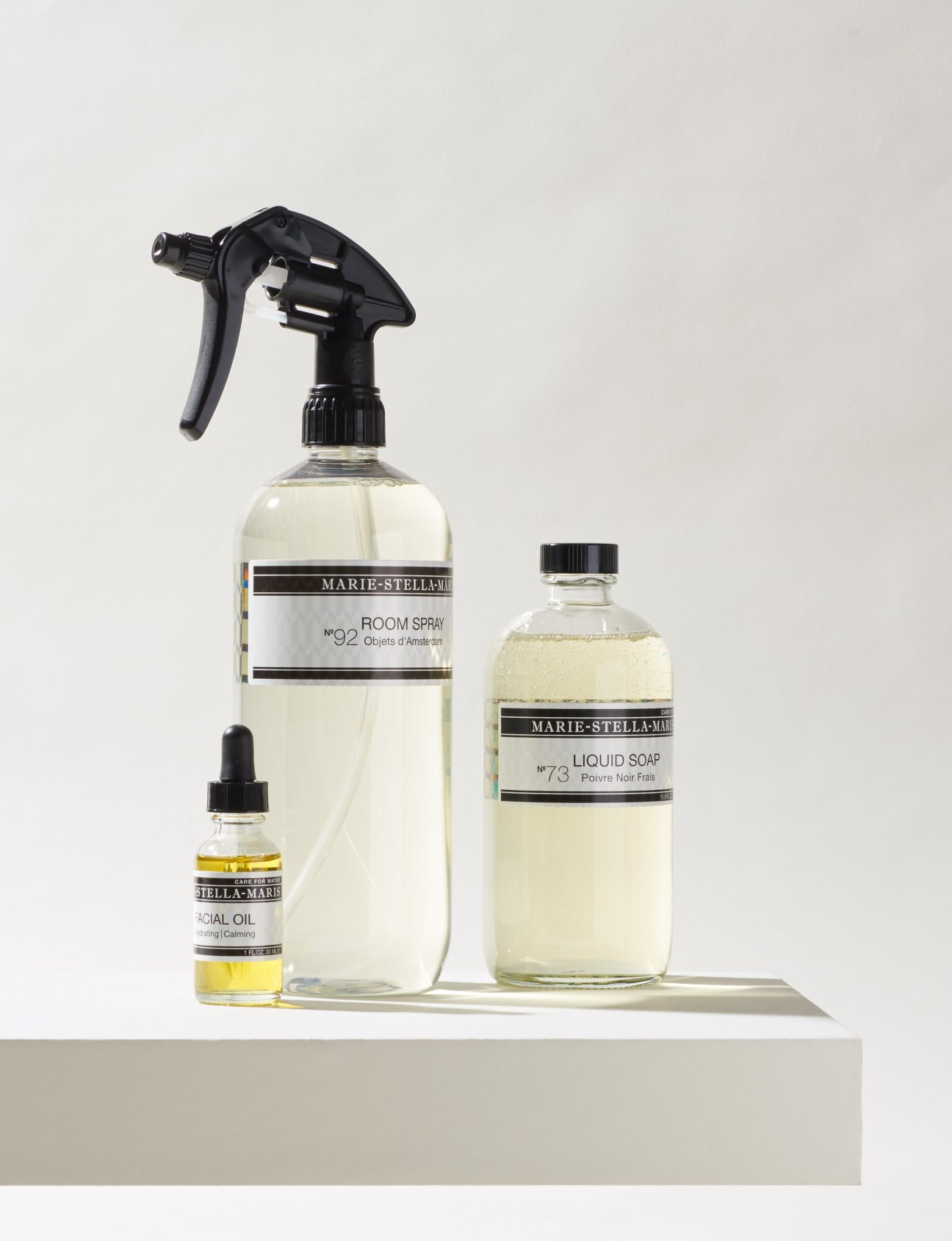 Marie Stella Maris room spray, facial oil, and liquid soap bottles displayed on a white surface.