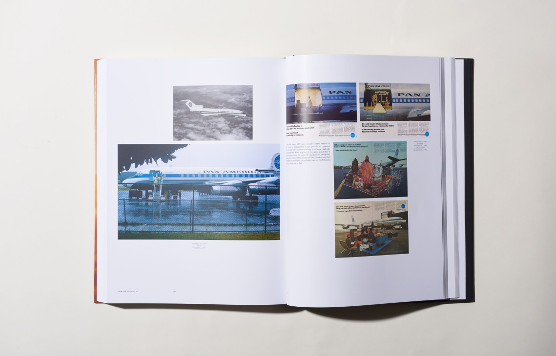 Open book spread showing Pan Am airline history with photographs of aircraft and vintage airline imagery.
