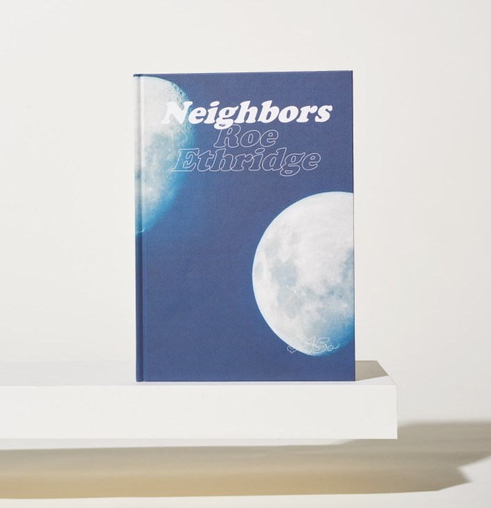 Book cover for "Neighbors" by Roe Ethridge featuring a blue background with crescent moon and partial celestial imagery.
