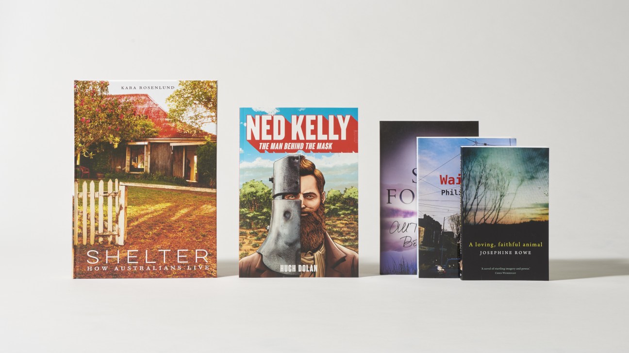 Five book covers displayed: Shelter by Kara Rosenlund, Ned Kelly: The Man Behind the Mask by Hugh Dolan, and three additional fiction titles.