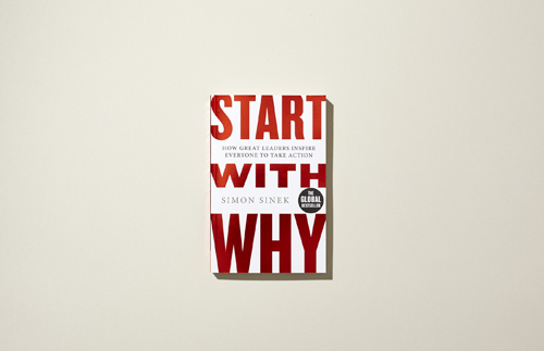 Book cover for 'Start With Why' by Simon Sinek with red and white typography on gray background.