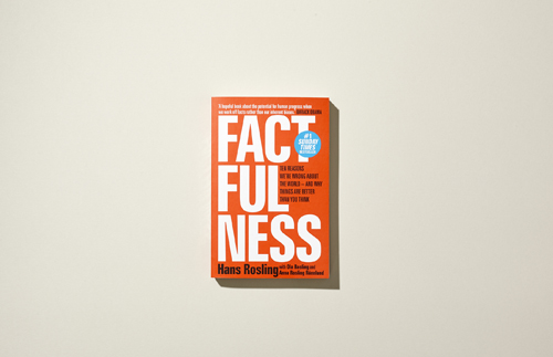 Book cover of Factfulness by Hans Rosling with orange background and white text