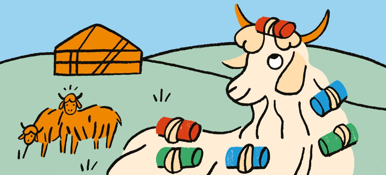 Illustration of a cashmere goat with colorful buckets and a yurt in Mongolia.