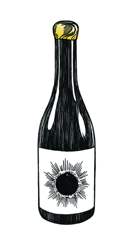Illustration of a wine bottle with a black label featuring a sun design and gold foil cap.