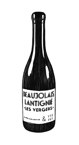 Illustration of a wine bottle labeled Beaujolais Lantignié Les Vergers by Santini Collective and Vin Noé.