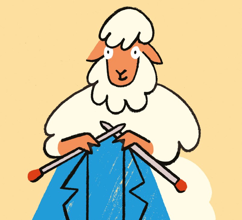 Illustration of a Merino sheep with white wool and orange face holding knitting needles and blue yarn.