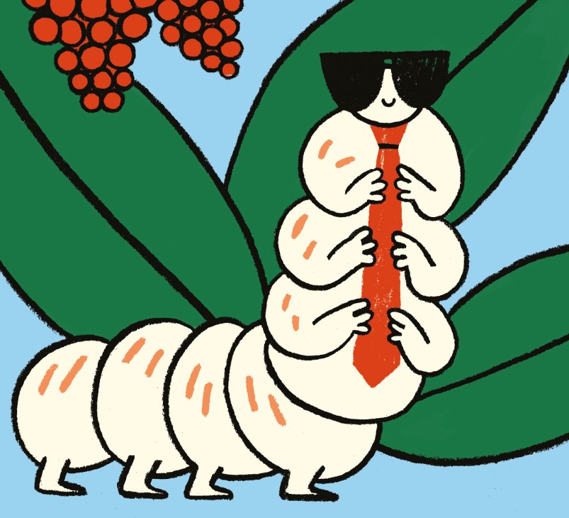 Illustration of a figure holding a red thread connected to silkworms beneath mulberry leaves.