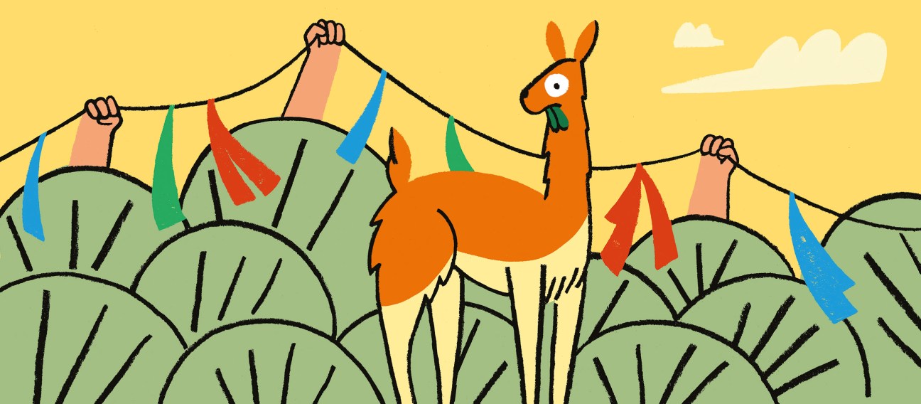 Illustration of an orange vicuña with long neck standing in Andean grassland with colorful flags, representing the traditional chaccu herding ceremony.