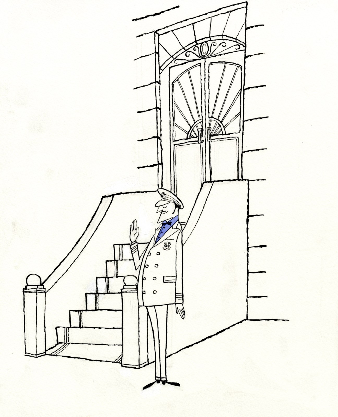 Illustration of a uniformed doorman greeting visitors in an elegant apartment building lobby with tall windows.