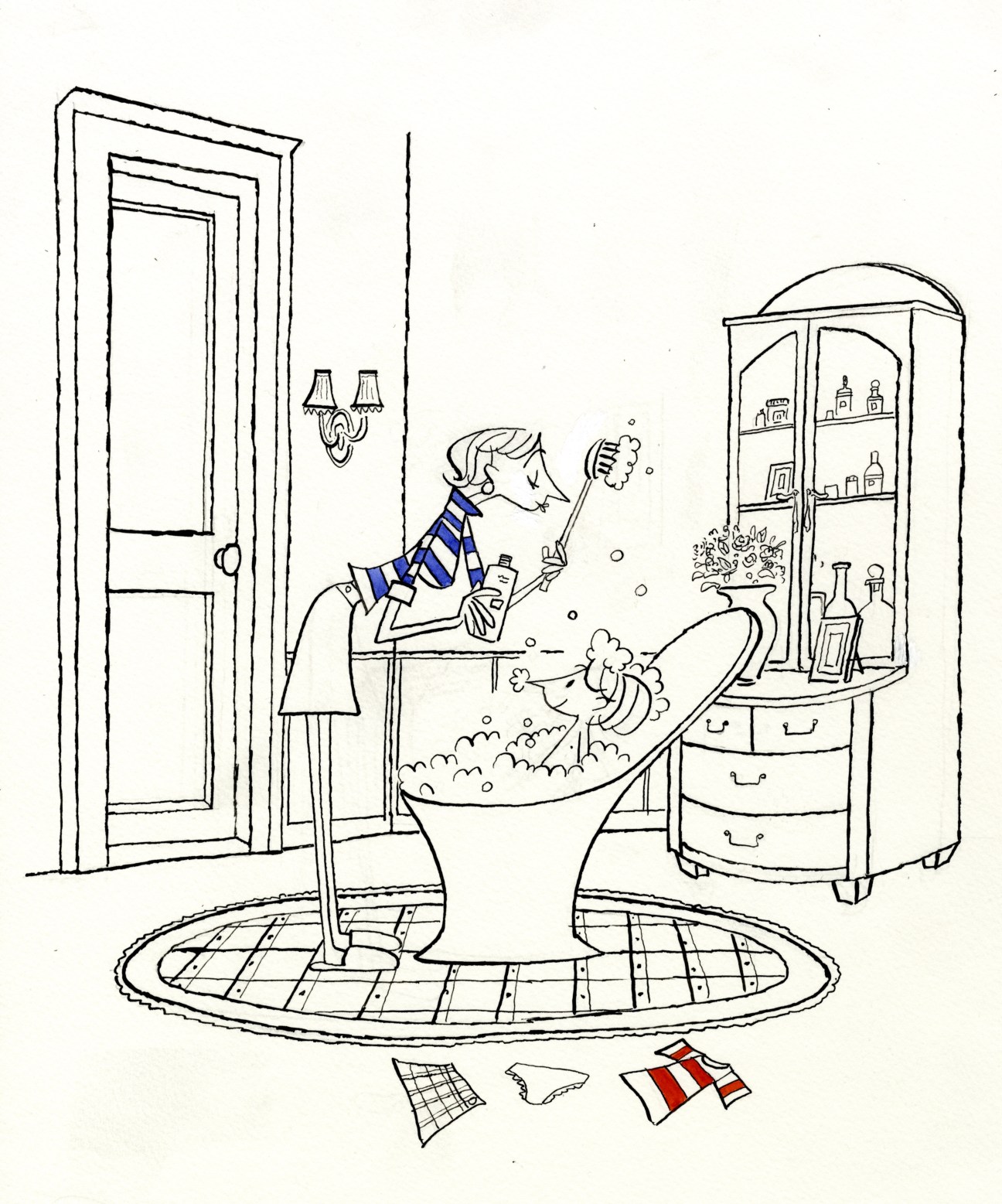 Line illustration of a woman in a dressing room bathing in a portable tub with high ceilings and period furniture.