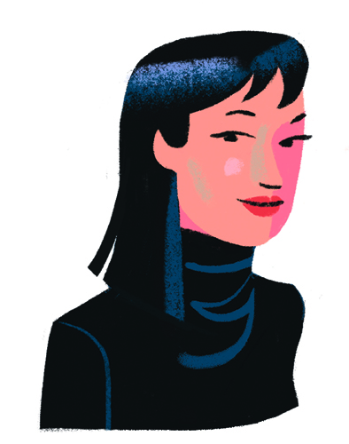 Illustrated portrait of a woman with long dark hair and pink skin tone against a white background.