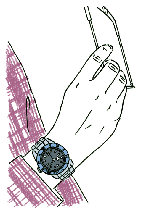 Illustration of a wrist wearing a Tudor Black Bay diving watch with blue dial and steel bracelet.