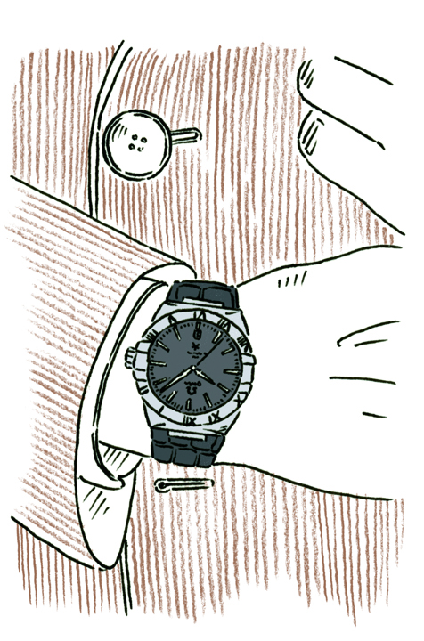 Illustration of Omega Constellation Gents watch with steel case on wrist with coffee cup.