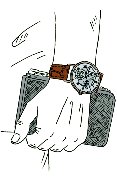 Illustration of a wristwatch with brown leather strap worn on a wrist with textured sleeve detail.