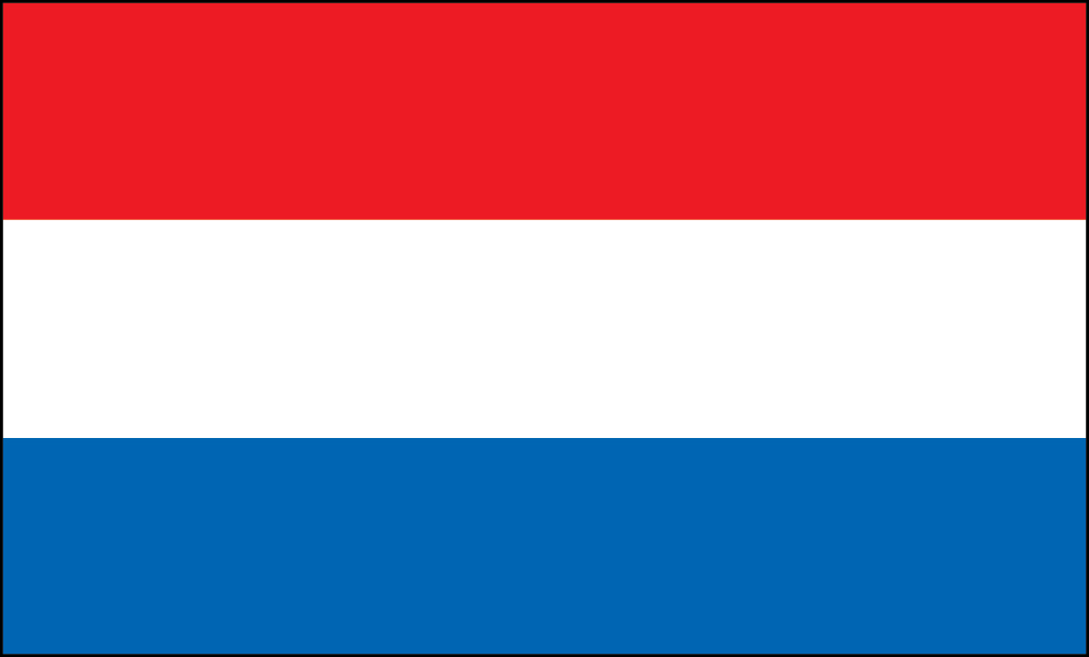 The flag of the Netherlands with horizontal stripes of red, white, and blue.