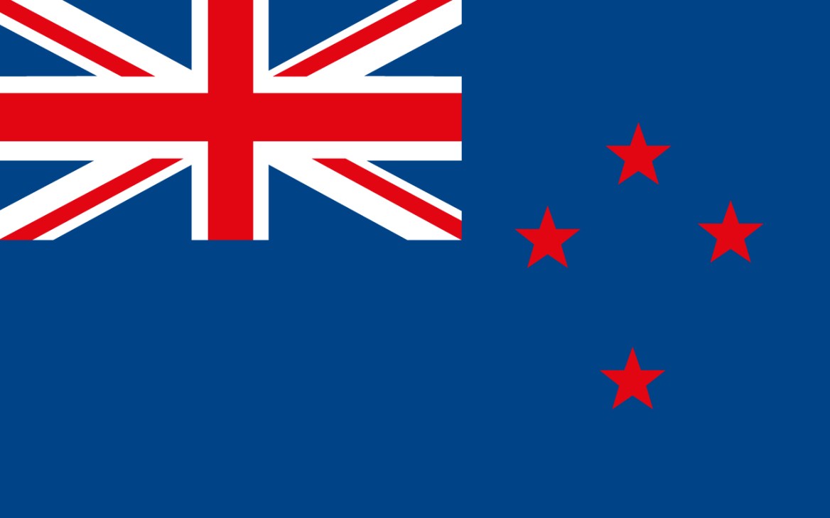 New Zealand flag featuring Union Jack in upper left corner and four red stars on blue background.