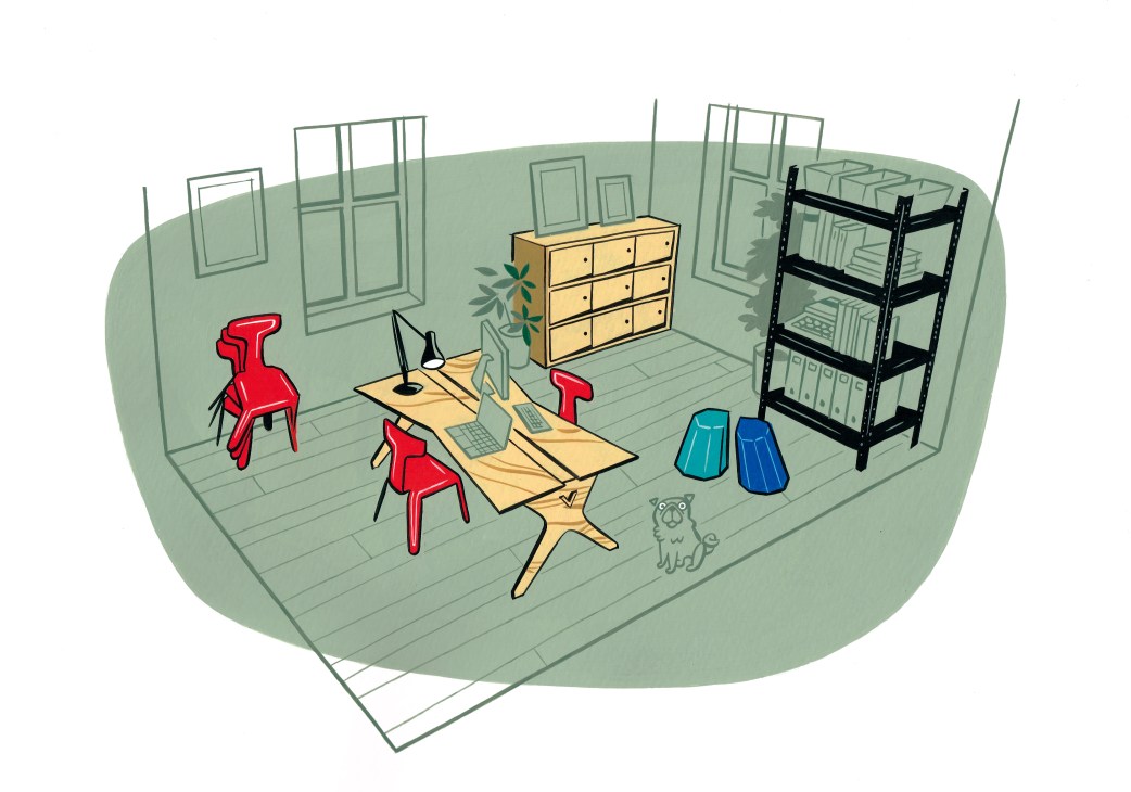 Illustration of a home office setup with wooden desk, red stacking chairs, storage cabinet, shelving unit, and desk lamp.