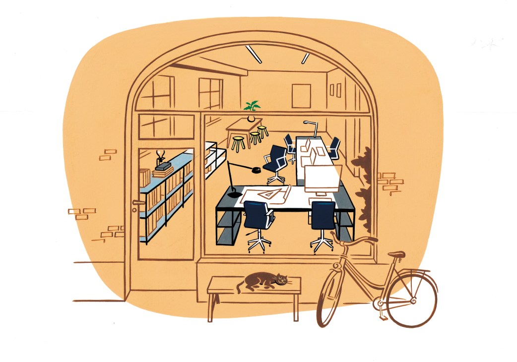 Illustration of a shopfront office space with two people working at desks, shelving, and a bicycle outside.