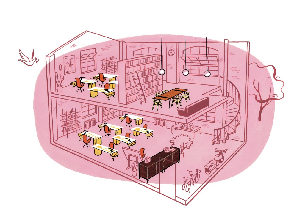Illustration of a two-floor office space with desks, chairs, storage, meeting room, and lounge areas in pink tones.