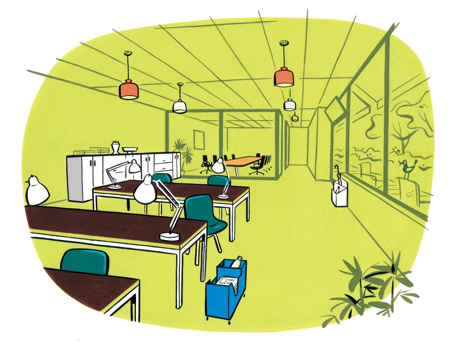 Illustration of a modern 30-person office space with open-plan desks, meeting rooms, pendant lighting, and plants.