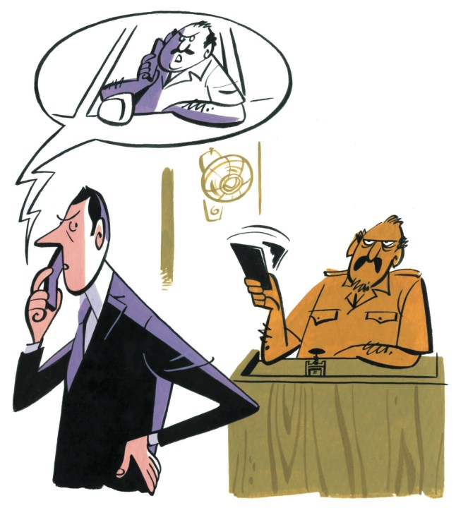 Cartoon illustration of a man in suit bribing a customs official while speaking on phone.