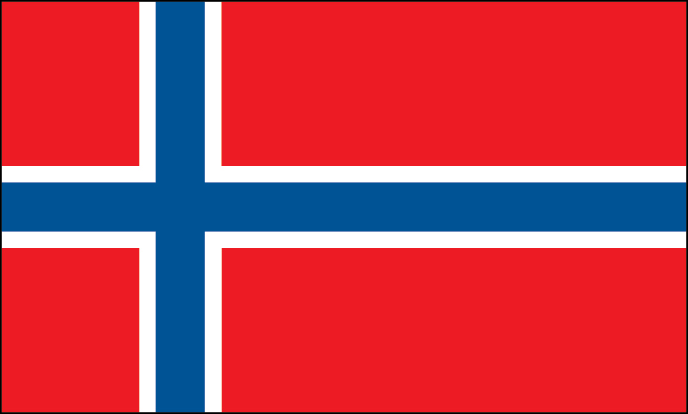 Norway's flag featuring a blue Nordic cross outlined in white on a red background.